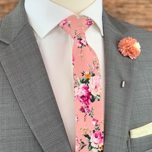 Men’s Salmon Pink Floral Slim Necktie